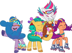 Size: 1355x1003 | Tagged: safe, edit, edited screencap, editor:pascalmulokozi2, screencap, hitch trailblazer, izzy moonbow, sparky sparkeroni, sunny starscout, zipp storm, dragon, earth pony, pegasus, pony, unicorn, g5, heavy is the mane that wears the fruit crown, my little pony: tell your tale, spoiler:g5, spoiler:my little pony: tell your tale, spoiler:tyts02e02, background removed, eyes closed, female, groovy, headband, male, mare, not a vector, roller skates, simple background, skates, sparky riding hitch trailblazer, stallion, transparent background