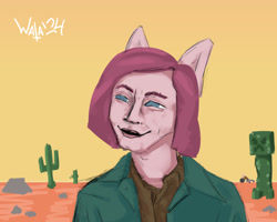 Size: 2500x2000 | Tagged: safe, artist:wata, pinkie pie, earth pony, anthro, g4, anton chigurh, cactus, clothes, creeper, creepy, creepy smile, desert, high res, male, meme, no country for old men, pinkamena diane pie, rule 63, shitposting, smiling, solo, walter white