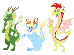 Size: 5000x3723 | Tagged: safe, artist:aleximusprime, oc, oc only, oc:amaryllis the dragon, oc:daisy the dragon, oc:hosta the dragon, dragon, eastern dragon, fanfic:my little sister is a dragon, antlers, chubby, dragon wings, dragoness, ears, eastern drake, fat, female, hair, horn, horns, multiple horns, northern drake, simple background, southern drake, thin, transparent background, wingless, wings
