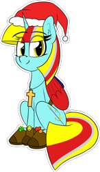 Size: 1519x2599 | Tagged: safe, artist:seafooddinner, oc, oc only, oc:terri softmare, pony, unicorn, belt, boots, christmas, cross, female, hat, hearth's warming, holiday, jewelry, looking at you, mare, necklace, santa hat, shoes, simple background, sitting, smiling, solo, transparent background, wings