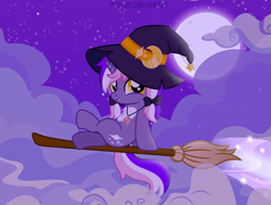Size: 1100x831 | Tagged: safe, artist:jennieoo, oc, oc only, oc:mystic moonlight, pony, unicorn, broom, cloud, fangs, female, filly, flying, flying broomstick, foal, gift art, hat, looking at you, moon, night, night sky, show accurate, sky, smiling, smiling at you, solo, vector, witch, witch hat