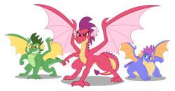Size: 1239x645 | Tagged: safe, artist:aleximusprime, oc, oc:barb the dragon, oc:princess barb, oc:scorch the dragon, oc:singe the dragon, dragon, flurry heart's story, brother and sister, brothers, dragoness, female, male, northern drake, siblings, simple background, sister, super hero landing pose, super hero pose, transparent background