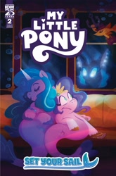 Size: 2063x3131 | Tagged: safe, artist:justasuta, idw, official comic, izzy moonbow, pipp petals, pegasus, seapony (g4), unicorn, g5, my little pony: set your sail, set your sail #2, spoiler:comic, spoiler:g5comic, blue mane, bubble, comic, comic cover, cover, cover art, dorsal fin, duo focus, eyes closed, female, fin, fin wings, fins, fish tail, flowing mane, flowing tail, horn, jewelry, mare, nap, necklace, ocean, phone, scales, seaponified, seapony izzy moonbow, seapony pipp petals, sitting, sleeping, smiling, species swap, swimming, tail, underwater, unshorn fetlocks, water, wings