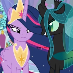 Size: 1080x1080 | Tagged: safe, artist:queenchangeling, queen chrysalis, twilight sparkle, alicorn, changeling, changeling queen, pony, g4, the last problem, crown, duo, female, jewelry, mare, older, older twilight, older twilight sparkle (alicorn), peytral, princess twilight 2.0, regalia, twilight sparkle (alicorn)