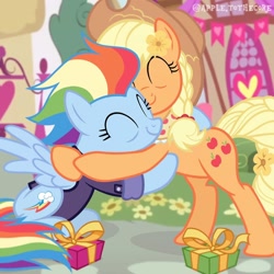 Size: 1080x1080 | Tagged: safe, applejack, rainbow dash, earth pony, pegasus, pony, g4, ^^, duo, eyes closed, female, hearts and hooves day, holiday, hug, lesbian, older, older appledash, older applejack, older rainbow dash, present, ship:appledash, shipping, valentine's day