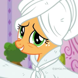 Size: 1080x1080 | Tagged: safe, applejack, earth pony, pony, g4, bathrobe, clothes, female, older, older applejack, robe, selfie, solo