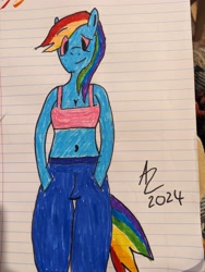 Size: 3072x4080 | Tagged: safe, artist:a2rhombus, rainbow dash, anthro, g4, breasts, cleavage, clothes, hand in pocket, lined paper, looking at you, short shirt, tank top, traditional art