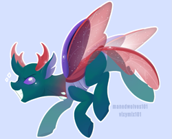 Size: 663x536 | Tagged: safe, artist:vixymix101, pharynx, changedling, changeling, g4, antlers, blue background, blushing, carapace, colored pinnae, horn, insect wings, male, outline, prince pharynx, purple eyes, signature, simple background, smiling, sparkles, spread wings, stallion, starry wings, wings