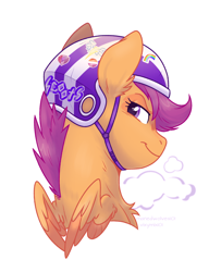 Size: 1056x1377 | Tagged: safe, artist:vixymix101, scootaloo, pegasus, pony, g4, bike helmet, chest fluff, colored wings, colored wingtips, ear fluff, female, filly, foal, helmet, lesbian pride flag, lidded eyes, looking back, mare, pride, pride flag, purple eyes, purple mane, short mane, signature, simple background, small wings, smiling, two toned wings, white background, wingding eyes, wings