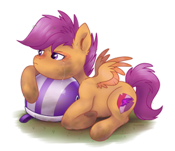 Size: 2048x1759 | Tagged: safe, artist:vixymix101, scootaloo, pegasus, pony, g4, bike helmet, colored wings, colored wingtips, crying, dirty, dirty hooves, ear fluff, female, filly, foal, frown, grass, helmet, injured, looking away, lying down, mare, messy, messy mane, messy tail, prone, purple eyes, purple mane, purple tail, signature, simple background, sitting, small wings, spread wings, tail, two toned wings, white background, wingding eyes, wings
