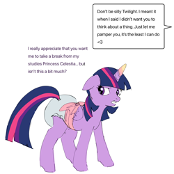 Size: 2048x2048 | Tagged: safe, artist:luludoll33, twilight sparkle, alicorn, pony, g4, adult foal, bound wings, diaper, diaper fetish, female, fetish, floppy ears, high res, horn, horn cap, implied princess celestia, magic suppression, mare, non-baby in diaper, offscreen character, simple background, solo, twilight sparkle (alicorn), white background, wings