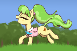 Size: 3000x2000 | Tagged: safe, artist:t72b, chickadee, ms. peachbottom, earth pony, pony, g4, clothes, eyes closed, female, freckles, galloping, grass, high res, mare, neckerchief, open mouth, raised hoof, running, shirt, smiling, solo, tree, windswept mane