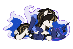 Size: 2442x1664 | Tagged: safe, artist:zeffdakilla, princess luna, oc, oc:lockette, alicorn, earth pony, pony, bracelet, canon x oc, duo, duo female, ear piercing, emo, eyes closed, female, jewelry, lesbian, lip piercing, lying down, lying on top of someone, nose to nose, piercing, shipping, simple background, smiling, transparent background, vector