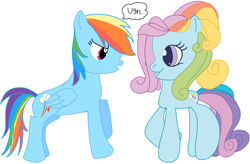 Size: 2340x1538 | Tagged: safe, rainbow dash, rainbow dash (g3), pegasus, pony, g3, g3.5, g4, angry, crossover, duo, faic, female, g3 hate, generational ponidox, hate, mare, rainbow douche, simple background, smiling, speech bubble, ugh, white background