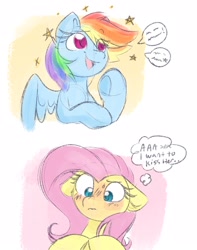 Size: 1706x2160 | Tagged: safe, artist:lbrcloud, fluttershy, rainbow dash, pegasus, pony, g4, blue eyes, blushing, cute, dialogue, duo, duo female, eye clipping through hair, eyebrows, eyebrows visible through hair, eyelashes, female, lesbian, looking down, mare, multicolored hair, open mouth, open smile, partially open wings, passepartout, pink eyes, pink mane, rainbow hair, raised hoof, ship:flutterdash, shipping, shy, simple background, sketch, smiling, speech bubble, stars, talking, thought bubble, touching hooves, white background, wings