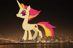 Size: 1600x1066 | Tagged: safe, artist:cheezedoodle96, edit, editor:jaredking779, fire flare, pony, unicorn, g4, attack on pony, california, eyebrows, eyeshadow, female, giant pony, giantess, highrise ponies, irl, lidded eyes, looking at you, macro, makeup, mare, photo, ponies in real life, raised eyebrow, red eyes, san francisco, smiling, smiling at you, solo, standing, vulgar description