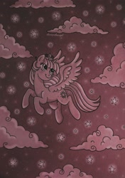 Size: 2177x3099 | Tagged: safe, artist:dariarchangel, twilight sparkle, alicorn, pony, g4, cloud, crown, element of magic, female, flying, jewelry, mare, night, princess, regalia, sky, solo, spread wings, stars, traditional art, trichrome, twilight sparkle (alicorn), wings