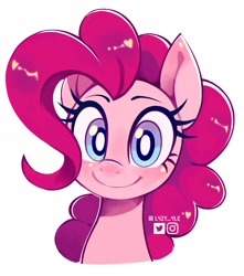 Size: 1352x1526 | Tagged: safe, artist:l4zy_4le, pinkie pie, earth pony, pony, g4, bust, feral, front view, looking at you, simple background, smiling, solo, text, white background