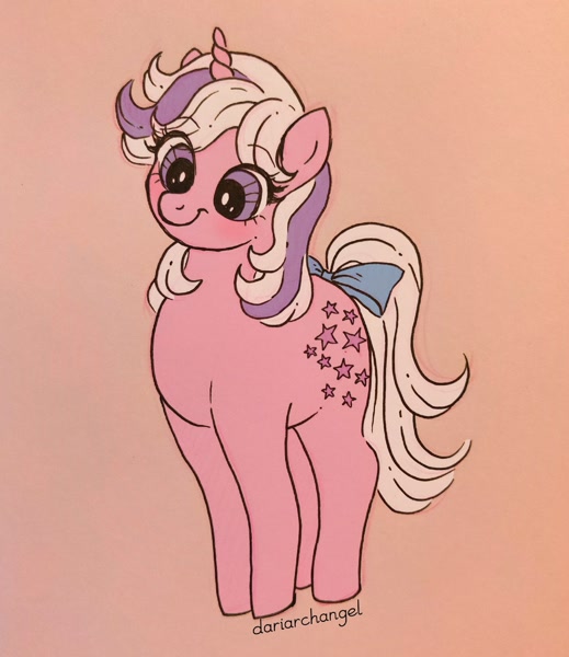 Size: 1868x2160 | Tagged: safe, artist:dariarchangel, twilight, pony, unicorn, g1, g4, 80s, blushing, bow, c:, cute, cute smile, digital art, eye clipping through hair, eyebrows, eyebrows visible through hair, featured image, female, g1 to g4, g1 twiabetes, g1betes, generation leap, horn, mare, pink, pink background, pink coat, purple eyes, simple background, smiling, solo, tail, tail bow, traditional art, two toned hair, two toned mane, unicorn horn, white tail