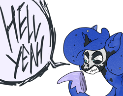 Size: 2471x1932 | Tagged: safe, artist:ponny, princess luna, alicorn, pony, g4, colored, corpse paint, face paint, jewelry, metal as fuck, simple background, solo, speech bubble, text, tiara, white background