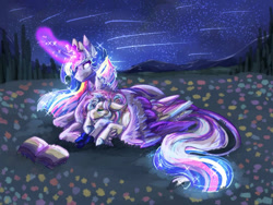 Size: 1024x768 | Tagged: safe, artist:sayorimoon, fluttershy, twilight sparkle, alicorn, pegasus, pony, g4, book, female, flower, flower field, glowing, glowing horn, horn, lesbian, long horn, lying down, mare, multicolored hair, night, prone, reading, ship:twishy, shipping, shooting star, sleeping, twilight sparkle (alicorn), wing blanket, winghug, wings