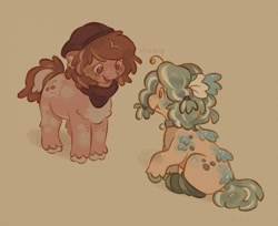 Size: 1322x1080 | Tagged: safe, artist:poolbranch, oc, oc only, earth pony, pony, beanie, brown mane, brown tail, chubby, duo, green mane, hat, looking at each other, looking at someone, neckerchief, tail, tan coat