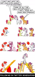 Size: 1000x2200 | Tagged: safe, artist:sneshpone, apple bloom, cheerilee, scootaloo, sweetie belle, twist, earth pony, pony, g4, ball, comic, cutie mark crusaders, doll, poor twist, seesaw, simple background, toy, white background, woobie