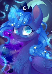 Size: 4961x7016 | Tagged: safe, artist:cutepencilcase, princess luna, alicorn, pony, g4, absurd resolution, bust, cheek fluff, chest fluff, colored pinnae, colored pupils, crescent moon, facial freckles, female, freckles, looking at you, magic, magic aura, mare, moon, portrait, s1 luna, smiling, smiling at you, solo, sparkles