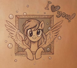 Size: 2560x2269 | Tagged: safe, artist:dariarchangel, derpy hooves, pegasus, pony, g4, bubble, cross-eyed, derp, female, grayscale, mare, monochrome, solo, spread wings, traditional art, wings