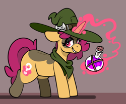 Size: 684x566 | Tagged: safe, artist:myahster, oc, oc only, oc:mystery brew, pony, unicorn, coat markings, female, hat, looking at you, magic, magic aura, mare, potion, shawl, simple background, solo, telekinesis, wingding eyes, witch, witch hat