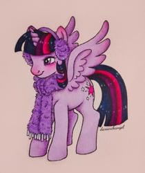 Size: 1346x1600 | Tagged: safe, artist:dariarchangel, twilight sparkle, alicorn, pony, g4, clothes, earmuffs, female, mare, palindrome get, princess, scarf, smiling, solo, spread wings, traditional art, twilight sparkle (alicorn), wings, winter outfit