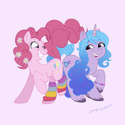 Size: 900x900 | Tagged: safe, artist:sorrriso, izzy moonbow, pinkie pie, earth pony, pony, unicorn, g4, g5, bracelet, clothes, commission, cute, diapinkes, duo, duo female, female, flower, flower in hair, generational ponidox, grin, izzy and her heroine, izzybetes, jewelry, mare, one eye closed, open mouth, purple background, rainbow socks, simple background, smiling, socks, striped socks, unshorn fetlocks, wink