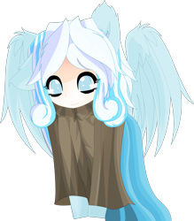 Size: 1750x2000 | Tagged: safe, artist:an-m, oc, oc only, oc:snowdrop, human, 2021, cloak, clothes, ear fluff, eared humanization, female, humanized, old art, one ear down, simple background, smiling, solo, transparent background, winged humanization, wings