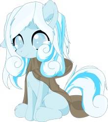 Size: 1757x2000 | Tagged: safe, alternate version, artist:an-m, oc, oc only, oc:snowdrop, pony, 2021, cloak, clothes, ear fluff, female, filly, fluffy, foal, old art, one ear down, simple background, sitting, smiling, solo, transparent background