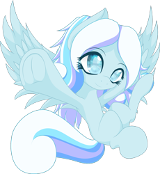 Size: 1380x1500 | Tagged: safe, artist:an-m, oc, oc only, oc:snowdrop, pegasus, pony, 2021, female, filly, foal, looking at you, old art, pointing at you, simple background, sitting, smiling, solo, spread wings, transparent background, underhoof, wings