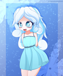 Size: 1500x1793 | Tagged: safe, artist:an-m, oc, oc only, oc:snowdrop, human, 2021, blushing, clothes, cute, cute little fangs, dress, fangs, female, hands behind back, humanized, humanized oc, ocbetes, old art, open mouth, solo