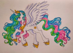 Size: 1600x1166 | Tagged: safe, artist:dariarchangel, princess celestia, alicorn, pony, g4, concave belly, crown, female, flying, horn, jewelry, long hair, mare, regalia, slender, smiling, solo, spread wings, tall, thin, traditional art, wings