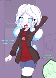 Size: 1600x2200 | Tagged: safe, alternate version, artist:an-m, oc, oc only, oc:anon, oc:snowdrop, human, boots, clothes, daisy dukes, dialogue, female, humanized, jacket, jewelry, open mouth, open smile, pendant, pentagram, shoes, shorts, smiling, smiling friends, thumbs up