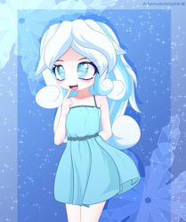 Size: 3200x3824 | Tagged: safe, artist:an-m, oc, oc only, oc:snowdrop, human, blushing, clothes, cute, cute little fangs, dress, fangs, female, high res, humanized, open mouth, solo