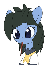 Size: 699x926 | Tagged: safe, artist:an-m, oc, oc only, oc:abstract module, earth pony, pony, 2021, bust, chopsticks, clothes, female, frown, mare, mouth hold, old art, portrait, simple background, solo, transparent background