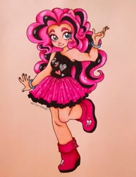 Size: 1232x1599 | Tagged: safe, artist:dariarchangel, pinkie pie, human, equestria girls, g4, my little pony equestria girls: better together, black nail polish, blue eyes, bracelet, clothes, cute, diapinkes, doll, dress, emo, female, heart, human coloration, jewelry, long hair, pink shoes, pinkie pie's boutique, raised hand, smiling, solo, standing, standing on one leg, thick eyebrows, toy, toy interpretation, traditional art, two toned hair