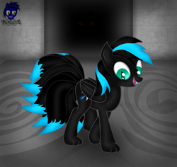 Size: 5280x4985 | Tagged: safe, artist:damlanil, oc, oc:nightlight aura, kitsune, kitsune pony, original species, pegasus, pony, commission, fangs, female, glowing, glowing eyes, happy, mare, open mouth, open smile, paws, show accurate, slit pupils, smiling, solo, species swap, vector, walking, wings