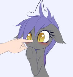 Size: 1129x1194 | Tagged: safe, artist:an-m, oc, oc only, oc:midnight blossom, bat pony, pony, 2021, :t, blushing, boop, bust, floppy ears, hand, old art, raised hoof, simple background