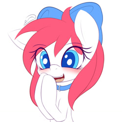 Size: 1068x1068 | Tagged: safe, artist:an-m, oc, oc only, pony, 2021, blushing, bow, bust, collar, cute, gasp, hair bow, old art, one ear down, open mouth, open smile, simple background, smiling, solo, white background