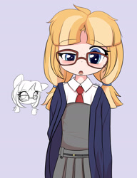 Size: 1189x1547 | Tagged: safe, artist:an-m, oc, oc only, oc:butter berry, human, 2021, clothes, female, glasses, humanized, humanized oc, looking at you, old art, open mouth, school uniform, simple background, solo, young