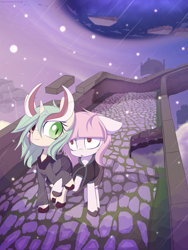 Size: 1798x2392 | Tagged: safe, artist:an-m, oc, oc only, oc:setna, oc:tezla, earth pony, pony, unicorn, bridge, clothes, duo, female, high res, holding hooves, mare, road, surreal