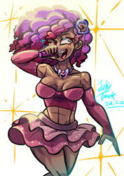 Size: 1240x1754 | Tagged: safe, artist:jully-park, ruby jubilee, human, g5, female, humanized, microphone, moderate dark skin, muscles, muscular female, simple background, singing, solo, yellow background