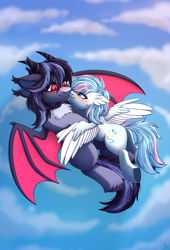 Size: 3546x5211 | Tagged: safe, artist:dinoalpaka, oc, oc only, bat pony, pegasus, pony, blushing, coral, female, flying, horns, hug, male, mare, oc x oc, shipping, sky, stallion, wings