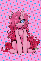 Size: 2600x3840 | Tagged: safe, artist:hanna_banana, pinkie pie, earth pony, pony, g4, female, fur, mare, one eye closed, pink, pink pony, polka dot background, sitting, solo