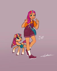 Size: 1440x1800 | Tagged: safe, artist:carolina_art, sunny starscout, earth pony, human, pony, g5, cute, female, gradient background, human ponidox, humanized, looking at you, mane stripe sunny, mare, peace sign, self paradox, self ponidox, smiling, smiling at you, sunnybetes
